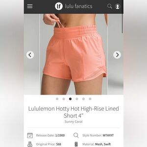 Lululemon Hotty Hot 4 in Short Sunny Coral sz 4